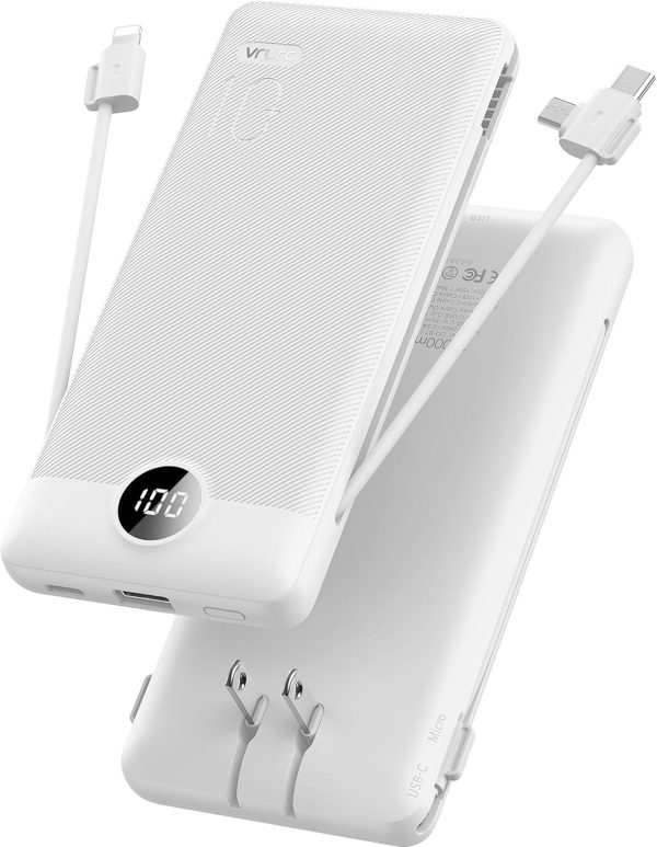 VRURC Portable Charger,Power Bank Built-in Cables and AC Wall Plug, USB C Portable Bank 10000mAh, Travel Essentials Phone Charger Compact External Battery Pack for Smart Phones, Tablets etc-White - Image 9